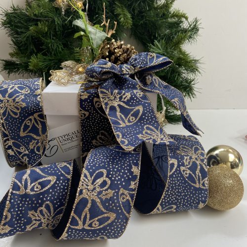 5 PRE TIED HANDMADE CHRISTMAS TREE BOWS NAVY BLUE GOLD BELLS WIRE EDGED 'BELLA'